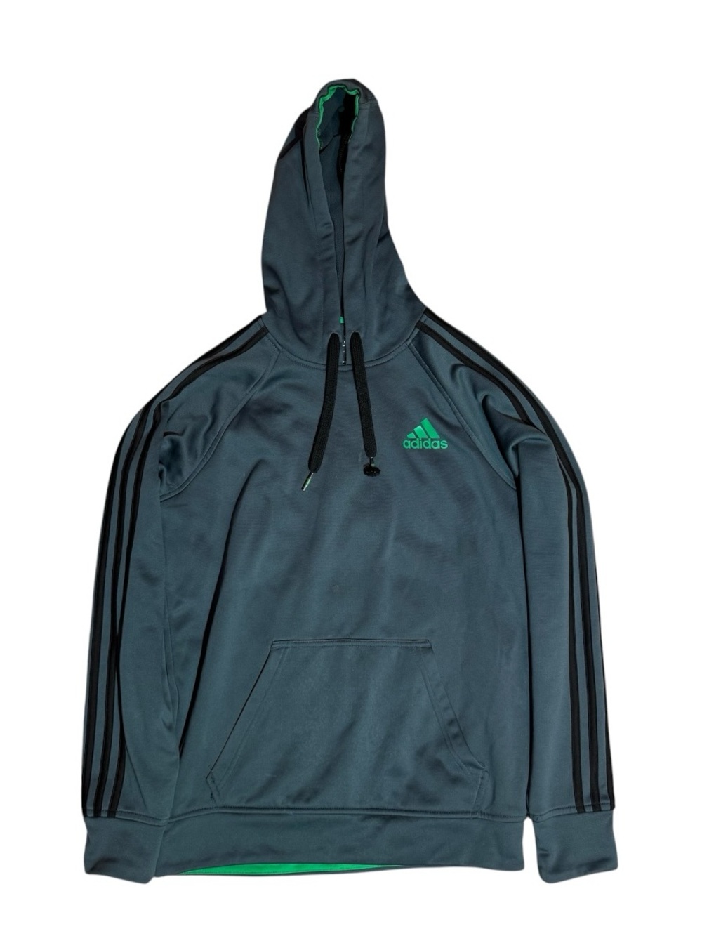 adidas Dark Gray Hoodie with Green Logo and Black Stripes